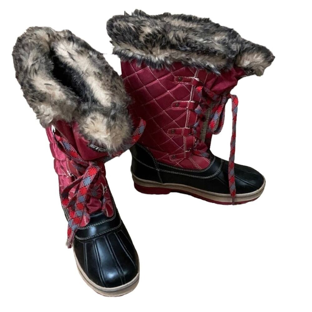 Storm by Cougar Aspen B Red Quilted Winter Snow Boots Faux Fur Trim Size 7